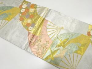 扇に菊・萩・鶴模様織り出し　袋帯